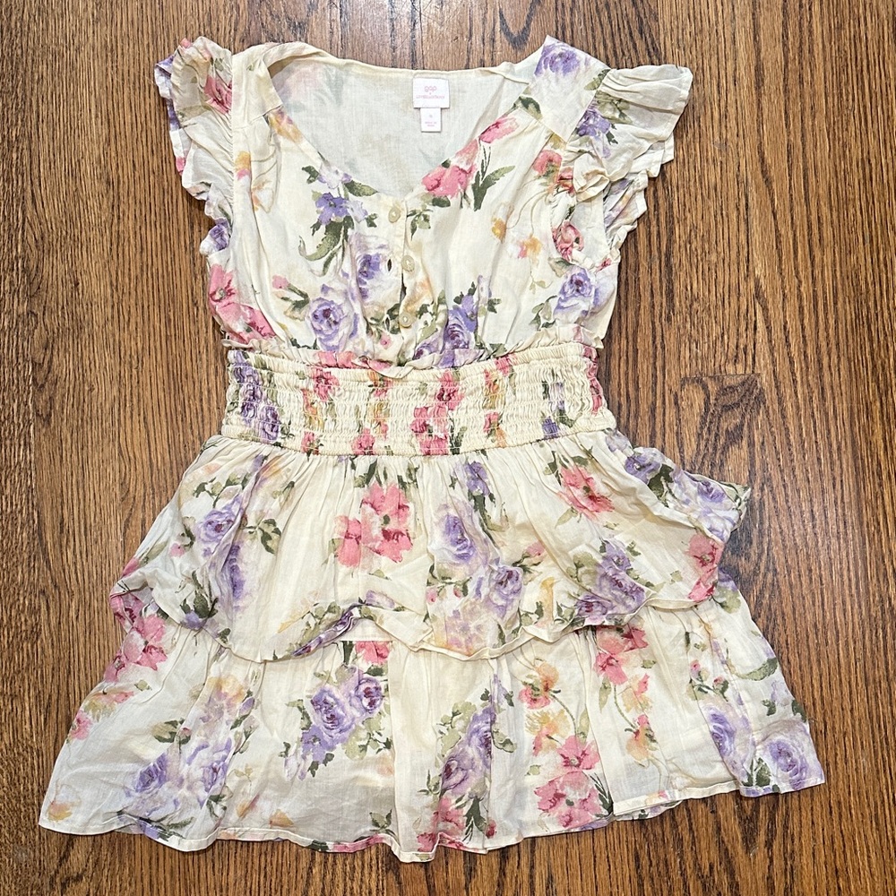 LoveShackFancy Floral Kids Dress in Cream and Purple